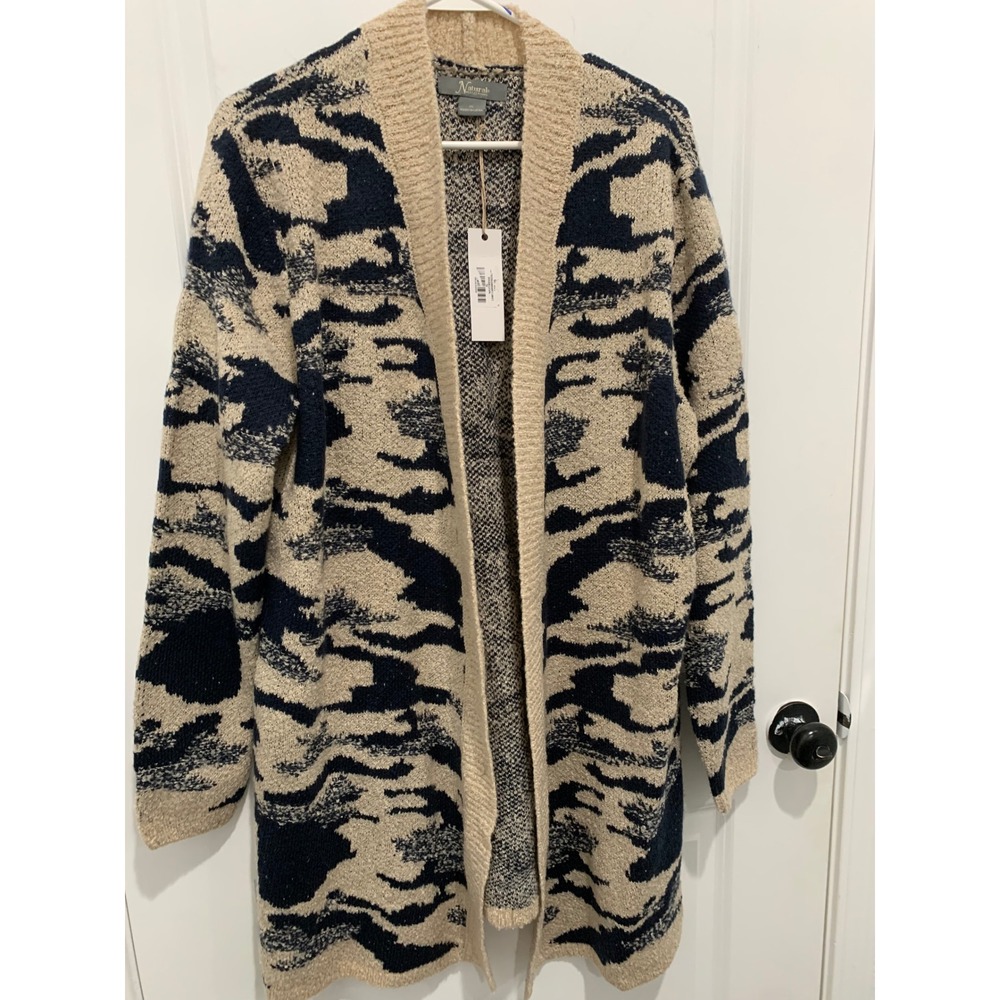Natural Reflections Womens Navy Tan Camo Open Front Knit Cardigan Sweater XL NWT